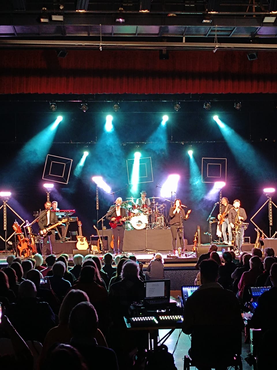 Un concert à Montsoult : le public de dos, le groupe sur scène sous les projecteurs
